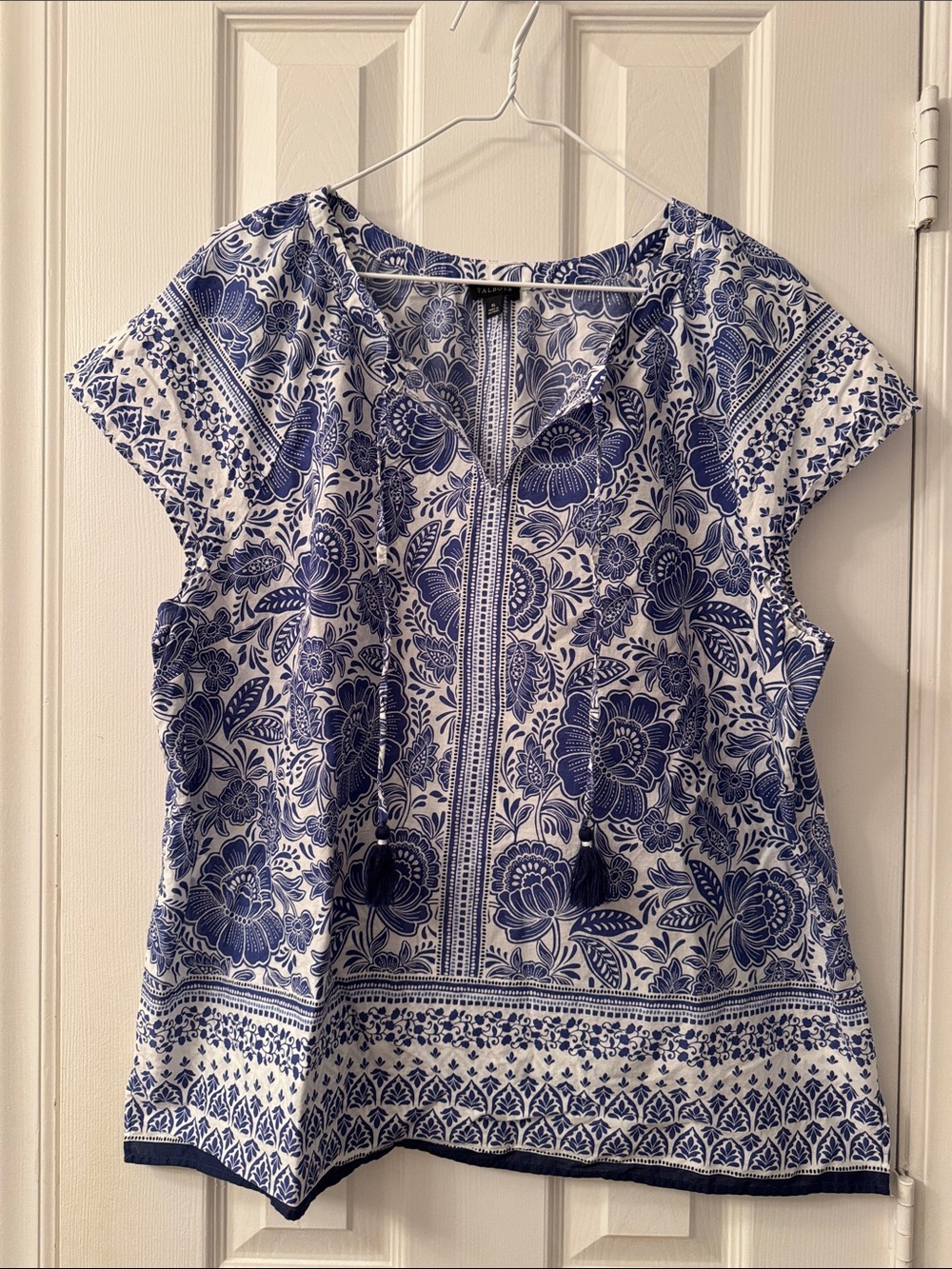 Talbots Blue and White Floral Zip-Front Blouse